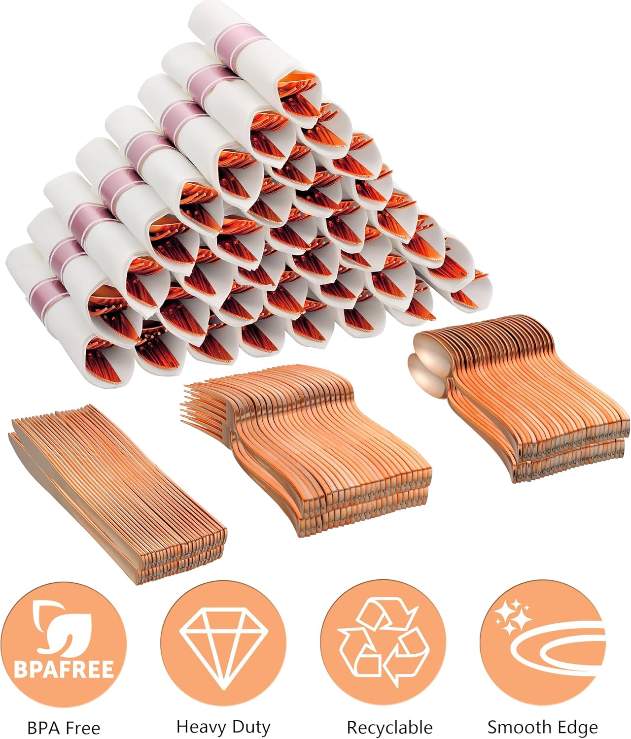 100 Pack Pre Rolled Rose Gold Plastic Silverware Set with Napkins,Disposable Wrapped Heavy Duty Cutlery Set for Wedding Birthday Party-100 Forks,Knives,Spoons,Utensils Set,Plasticware Bulk