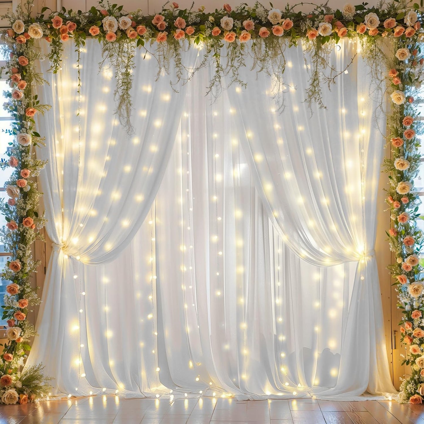 10ft x 10ft White Chiffon Backdrop Curtain with Lights String for Parites Wedding Wrinkle Free Curtain Photo Backdrops Drapes for Baby Shower Birthday Party Home Decorations