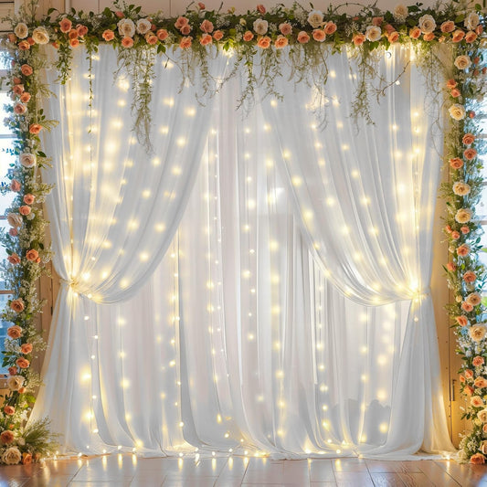 10ft x 10ft White Chiffon Backdrop Curtain with Lights String for Parites Wedding Wrinkle Free Curtain Photo Backdrops Drapes for Baby Shower Birthday Party Home Decorations