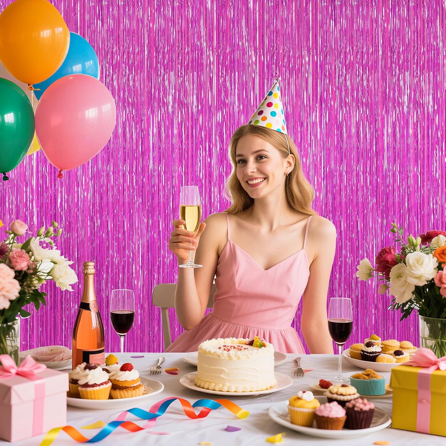 2 Pack Hot Pink Backdrop Curtain, Door Streamers, Party Streamers Decorations Rose Red Birthday Wedding Decorations Foil Fringe Photo Backdrop Party Supplies Fiesta Grad Theme Christmas Decorations