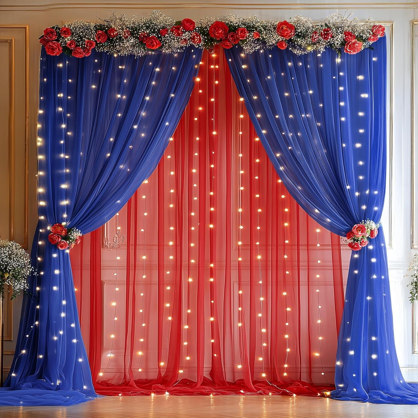 10×10ft Royal Blue Red Tulle Backdrop Curtain with Lights String for Parties, Sheer Photo Backdrop Curtains for Wedding Party Photography Background