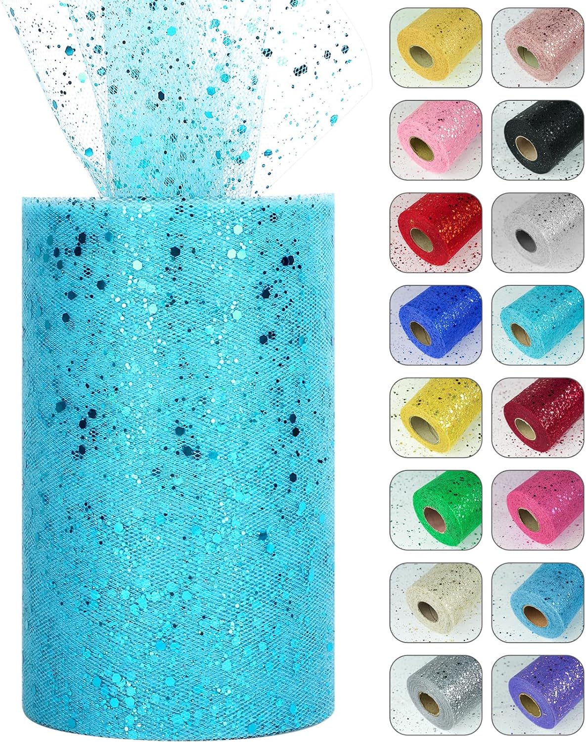 Glitter Tulle Rolls, 6” by 50 Yards (150FT) Sparkling Tulle Spool Ribbon Sequin Tulle Netting Fabric for Tutu Skirt Wedding Birthday Baby Shower (Light Blue)