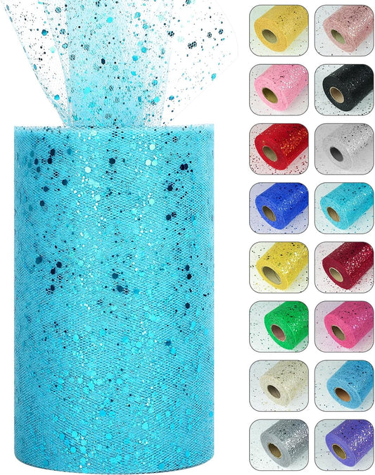 Glitter Tulle Rolls, 6” by 50 Yards (150FT) Sparkling Tulle Spool Ribbon Sequin Tulle Netting Fabric for Tutu Skirt Wedding Birthday Baby Shower (Light Blue)