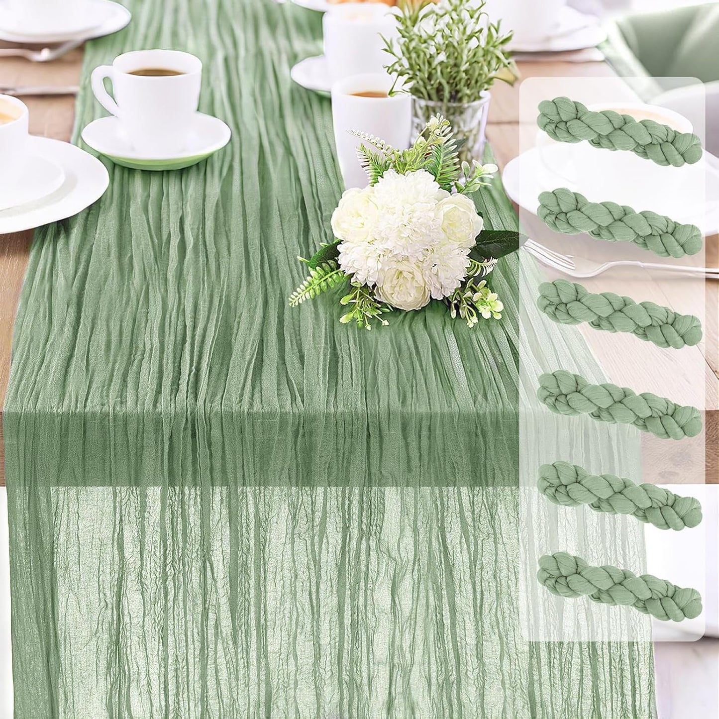 6-Pack Sage Green Cheesecloth Table Runners – 10FT (35x120 Inch) Boho Rustic Gauze Fabric Cheese Cloth Table Runner for Weddings, Baby Showers, Bridal Shower, Farmhouse & Birthday Party Decor