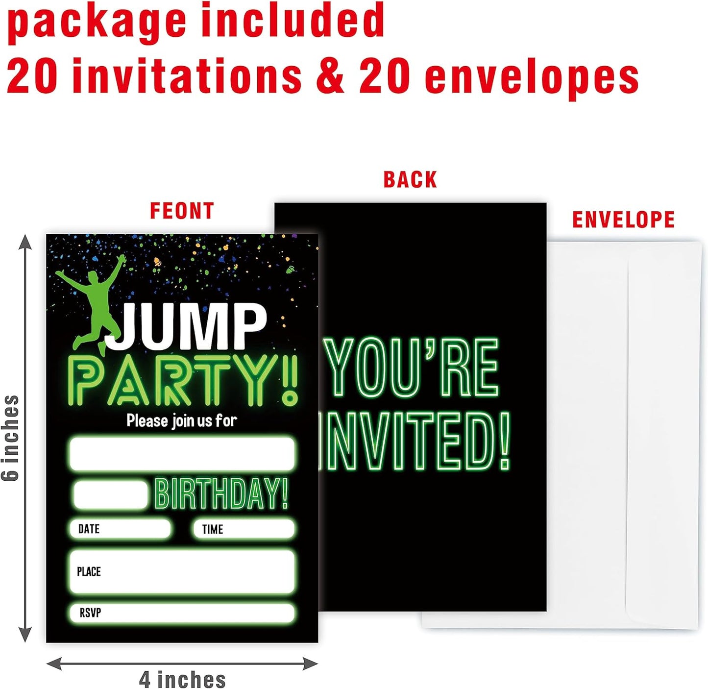 Glow Trampoline Birthday Invitations, Jump Party Invite Cards（20 Count) With Envelopes, Fill In Style Invite Cards For Boys & Girls, Birthday Party Supplies-C01