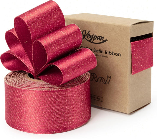 Christmas Ribbon Wired Red Satin Ribbons 1-1/2 Inch Double-Faced Gold Glitter for Tree Decoration, Wreath, Gift Wrapping, Home Decor 10 Yards