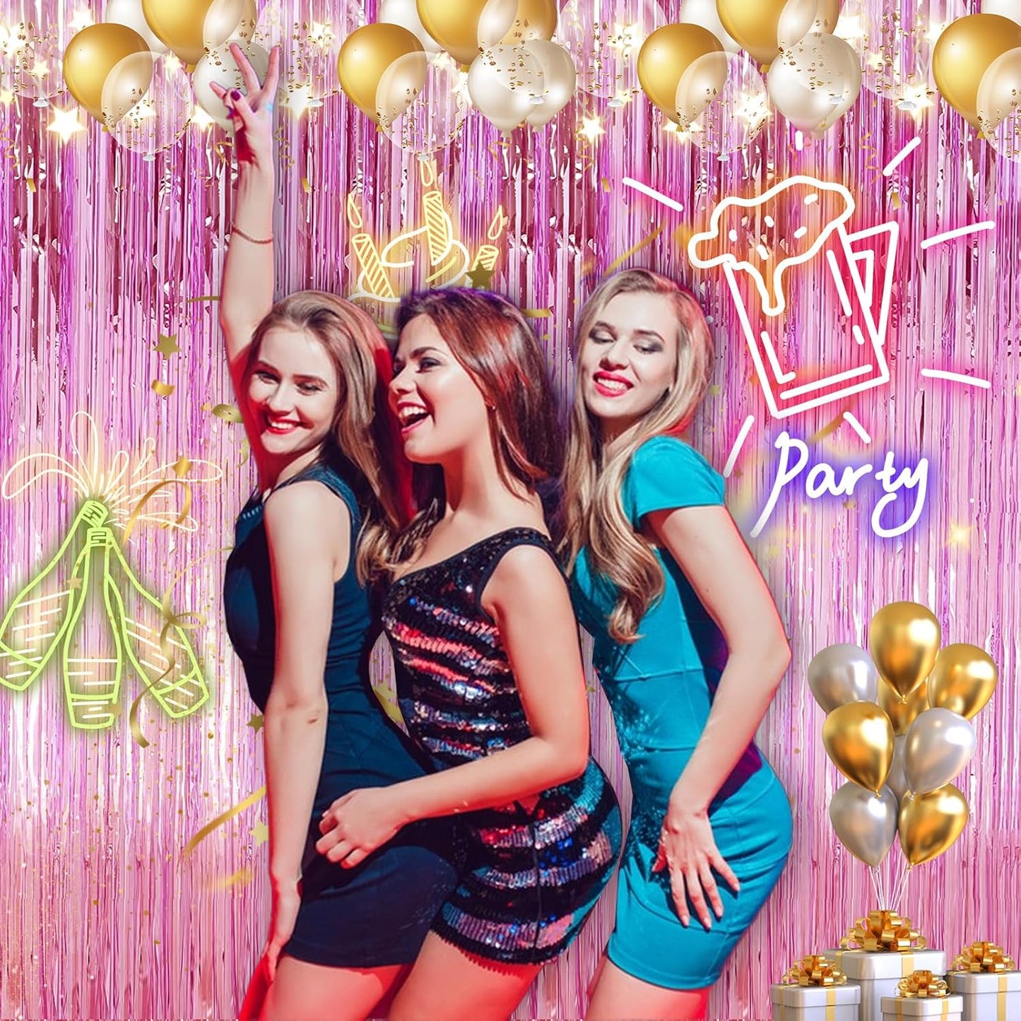 2 Pack 3.28 ft x 6.56 ft Pink Tinsel Curtain Party Backdrop Decorations, Metallic Foil Fringe Backdrop Door for Halloween, Christmas, Birthday Graduation Wedding Party Streamers Photo Backdrop.