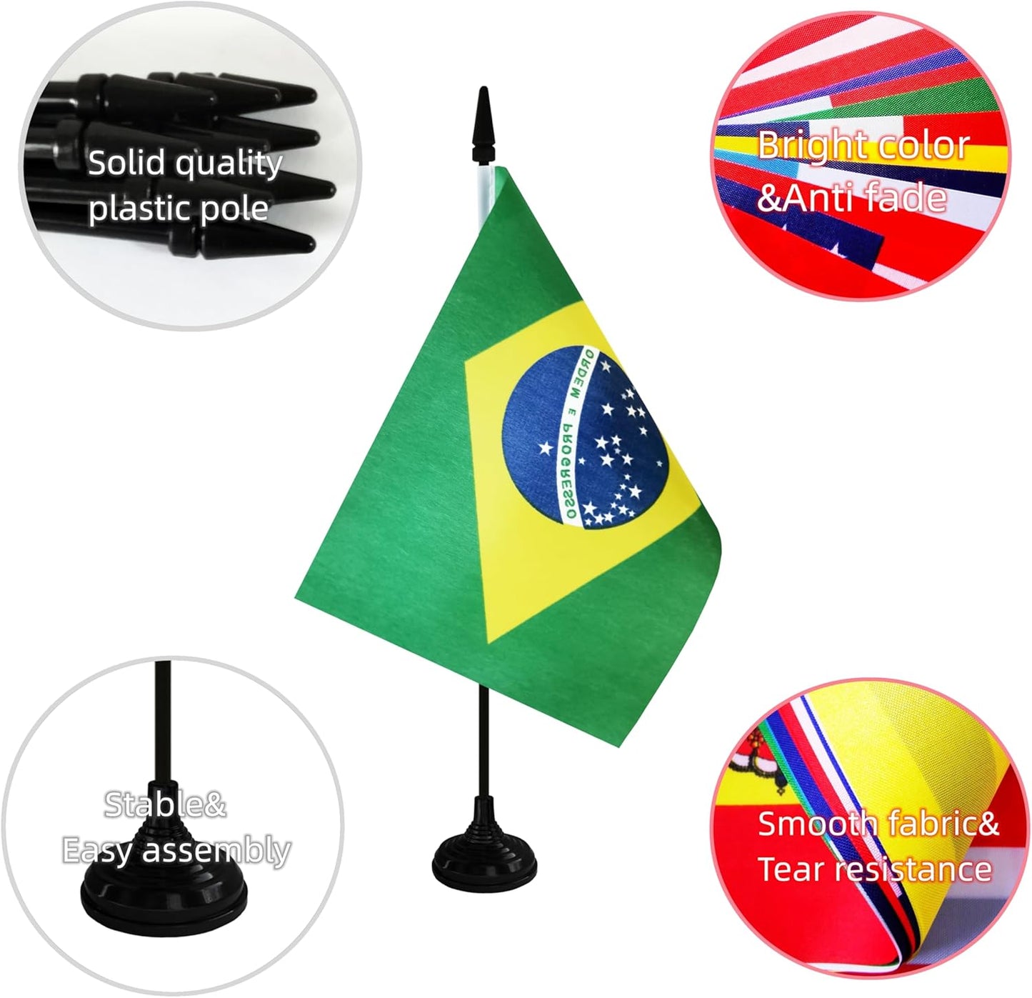 Brazil Desk Flag, 12 Pack Brazilian Table Office Flag with Black Solid Pole and Stand Base, International Country Flag, Festival Celebration, Classroom Meeting Desktop Decor (Brazil)