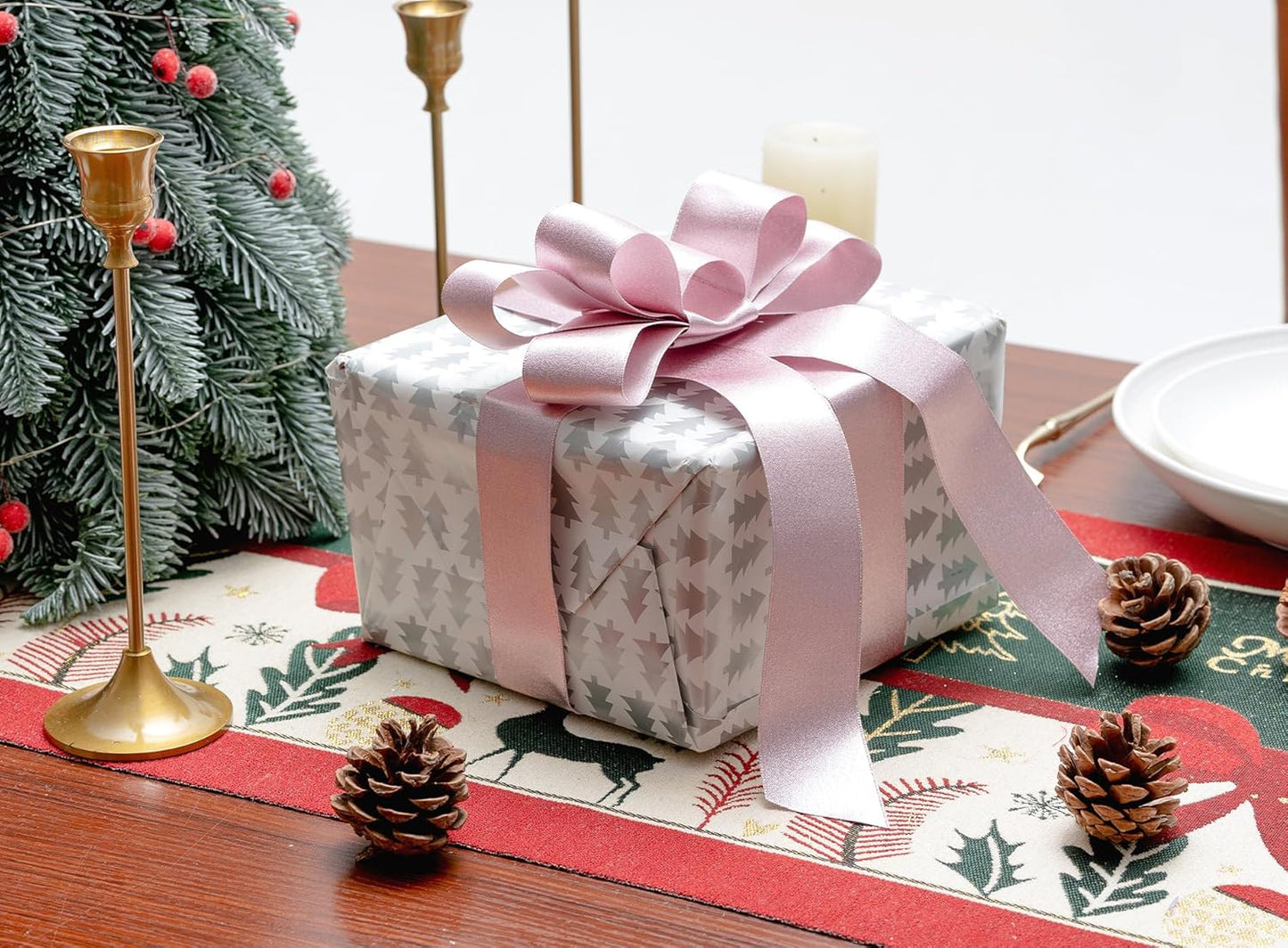 Light Pink Satin Ribbon for Valentines Day 1-1/2 Inch Double-Faced Wide Wired Sliver Glitter Ribbons for Wreath Christmas Tree Decoration Gift Wrapping, Home Decor 10 Yards