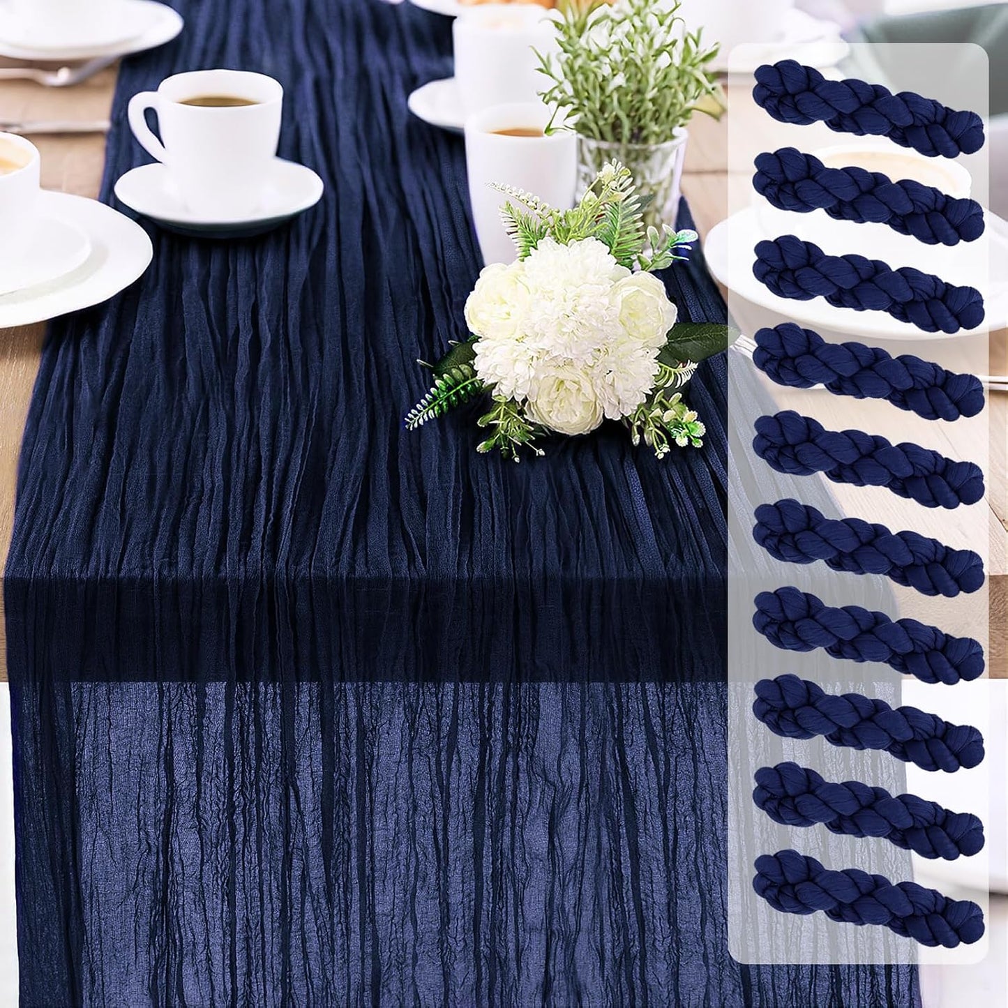 10-Pack Navy Blue Cheesecloth Table Runners – 10FT (35x120 Inch) Boho Rustic Gauze Fabric Cheese Cloth Table Runner for Weddings, Baby Showers, Bridal Shower, Farmhouse & Birthday Party Decor