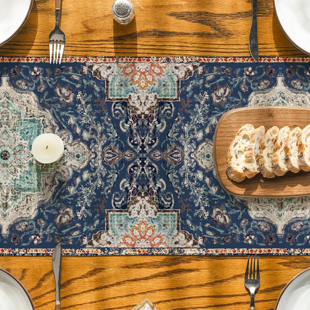 Artoid Mode Boho Bohemia Style Blue Table Runner, Country Rustic Farmhouse Magical Winter Kitchen Dining Table Decoration for Home Party Decor 13x72 Inch