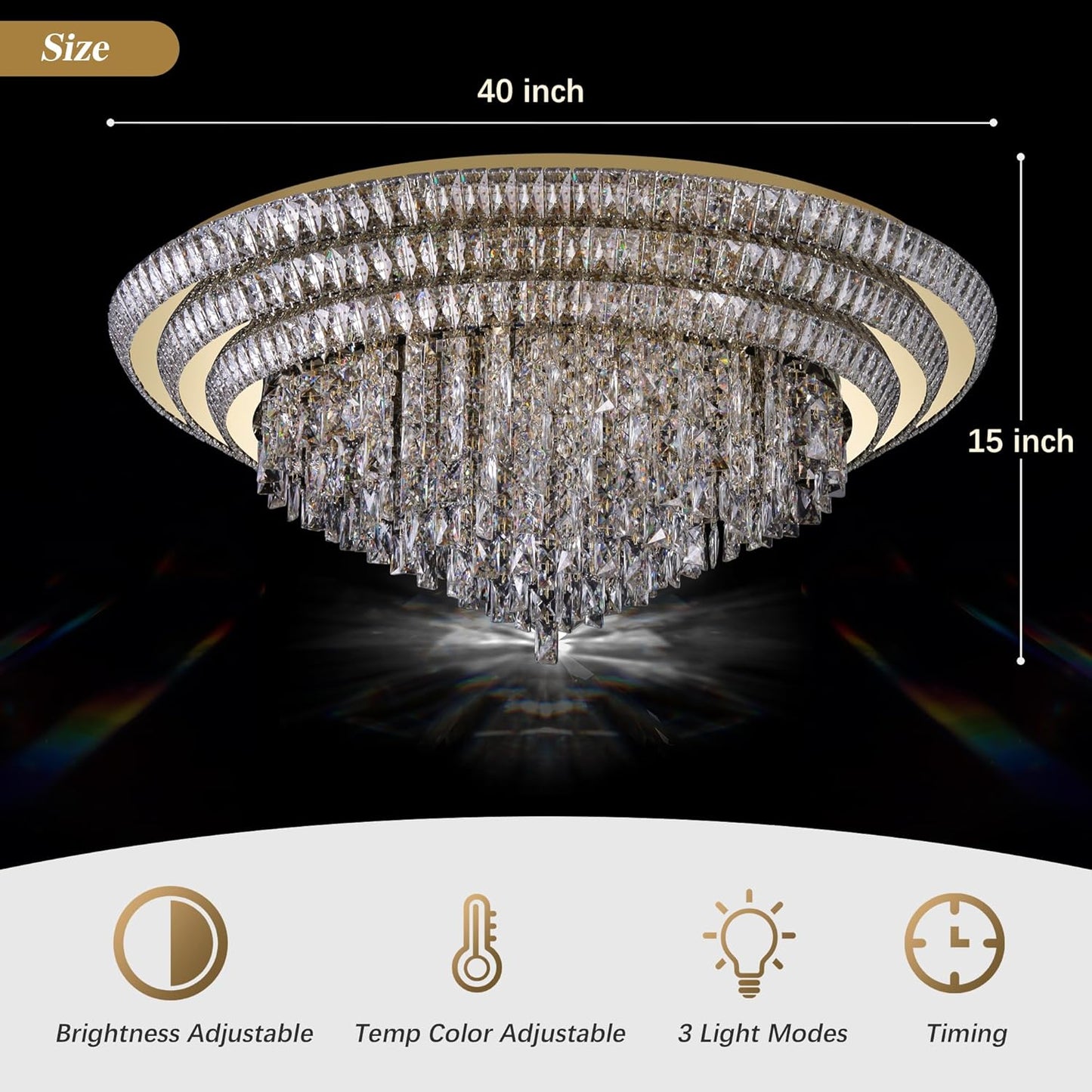 40 inch Crystal Gold Ceiling-Light Flush Mount with Remote Control and APP, 3CCT Dimmable & Brightness Adjustable, Modern Crystal Raindrop Chandeliers for Bedroom Hallway Dinning Room Living Room