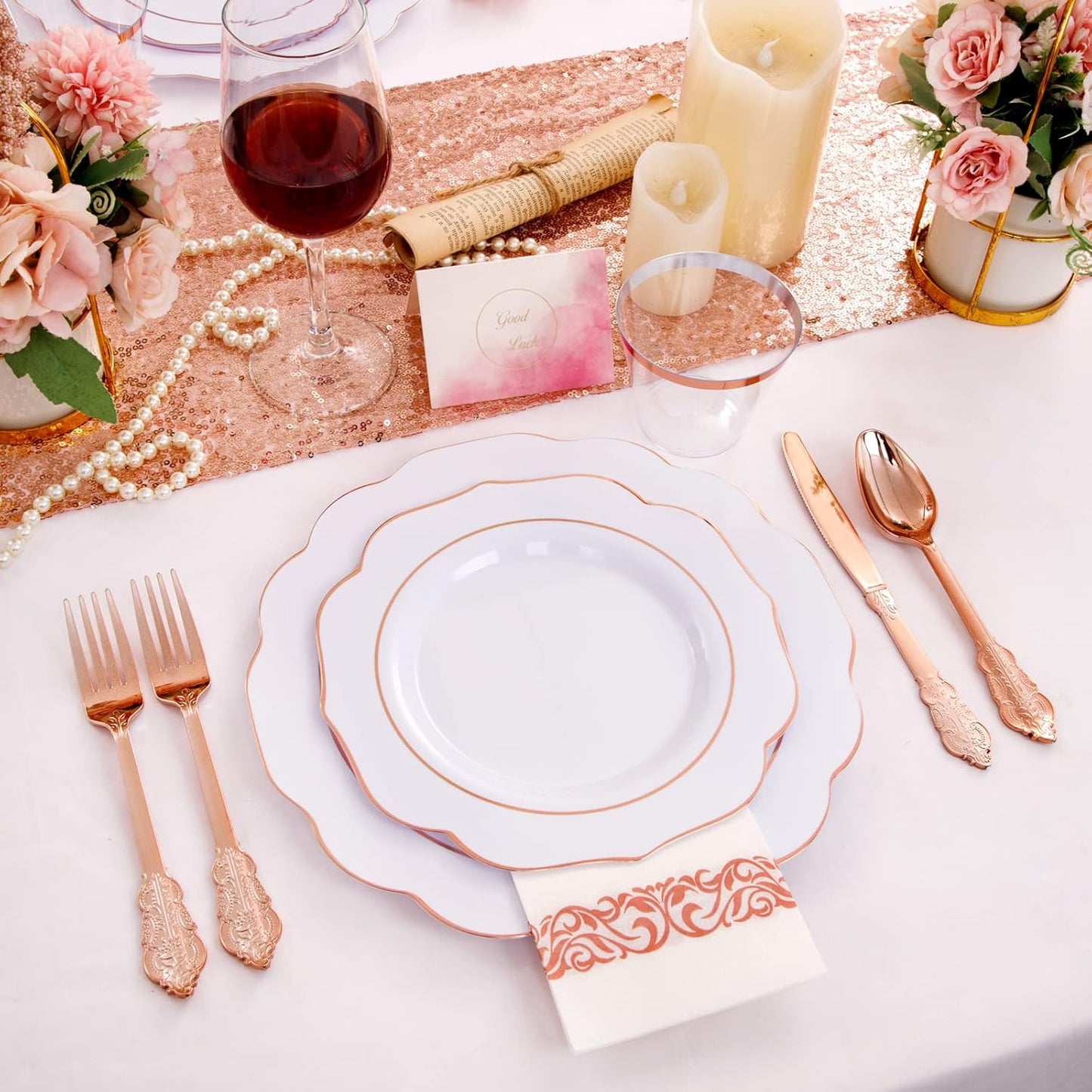 NOCCUR 175PCS Rose Gold Plastic Plates with Disposable Silverware - Include 25Dinner Plates, 25Dessert Plates, 25Forks, 25Knives, 25Spoons, 25Cups, 25Napkins for Wedding&Party