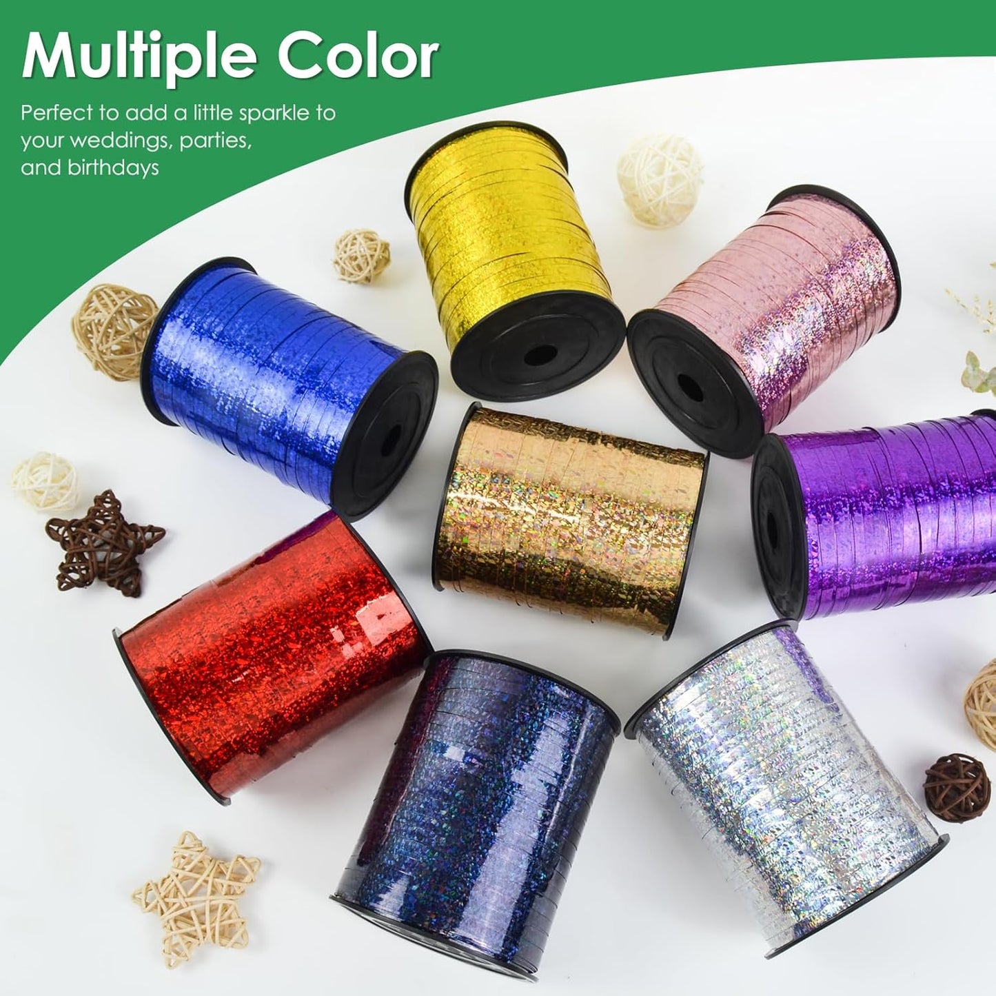 Green Curling Ribbon 500 Yard, Shiny Metallic for Gift Wrapping, Balloon String, 3/16" Thin Gift Ribbon for Florist Flower