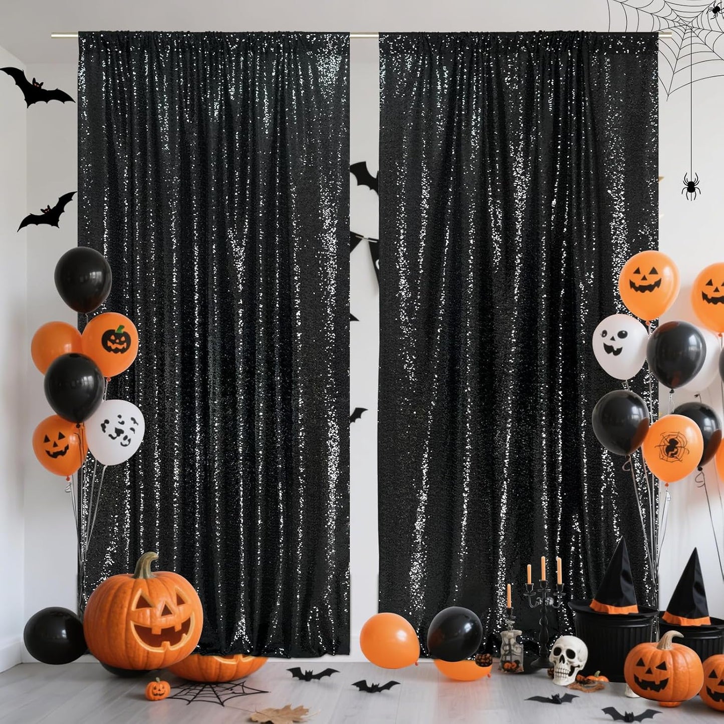 SquarePie Sequin Backdrop Curtain 8FT x 10FT Black Satin Backing Fabric Photography Background for Wedding Patry 4FT x 10FT 2 Panels