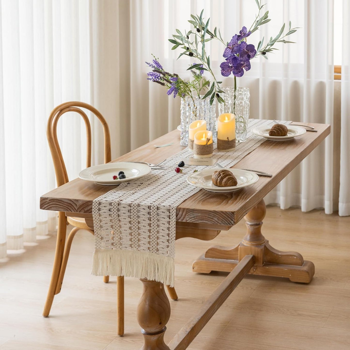 Keketo Boho Table Runner White for Home Décor 12x72 Inches Farmhouse Macrame Burlap Jute Rustic Dining Kitchen Centerpiece Bohemian Decor French Country Bridal Shower Decorations