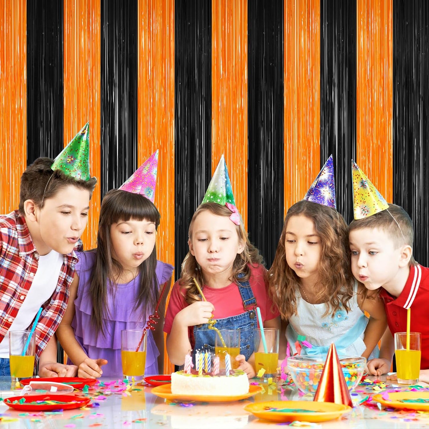 Halloween Photo Backdrop, 2 Pack Orange and Black Party Streamer, Metallic Foil Fringe Curtains Tinsel Backdrop, Halloween Birthday Party Decorations Hanging Decor Indoor, Photo Booth Props Streamers