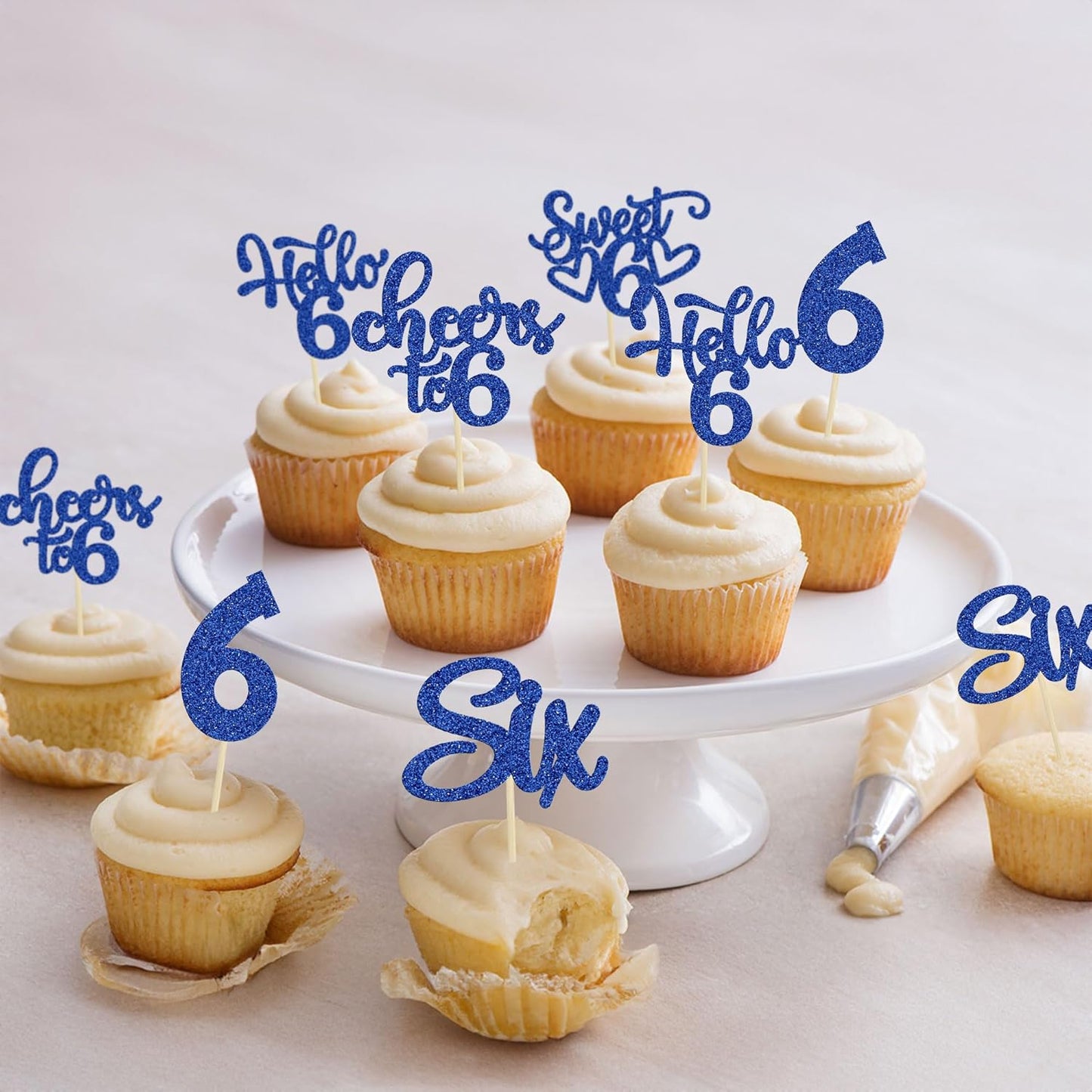30Pcs 6th Birthday Cupcake Toppers Glitter Six Hello 6 Cupcake Picks Cheers to 6 Years Old Cake Decorations for 6th Birthday Party Supplies Deep Blue