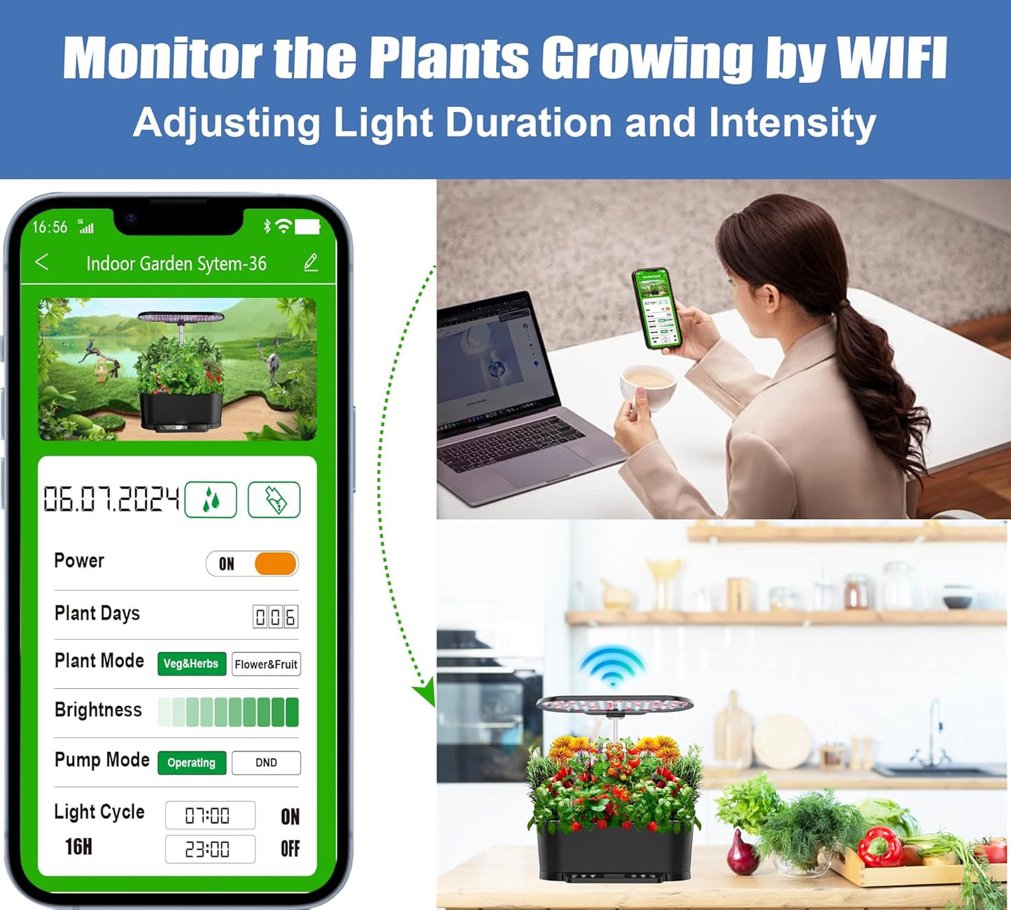 Hydroponics Growing System Kit APP Controlled, 15 Pods Indoor Herb Garden Hydroponic 36W Grow Light, Smart Indoor Garden, Height Adjustable to 30", Auto Timer, Quiet Pump, Water Shortage Alarm, Black