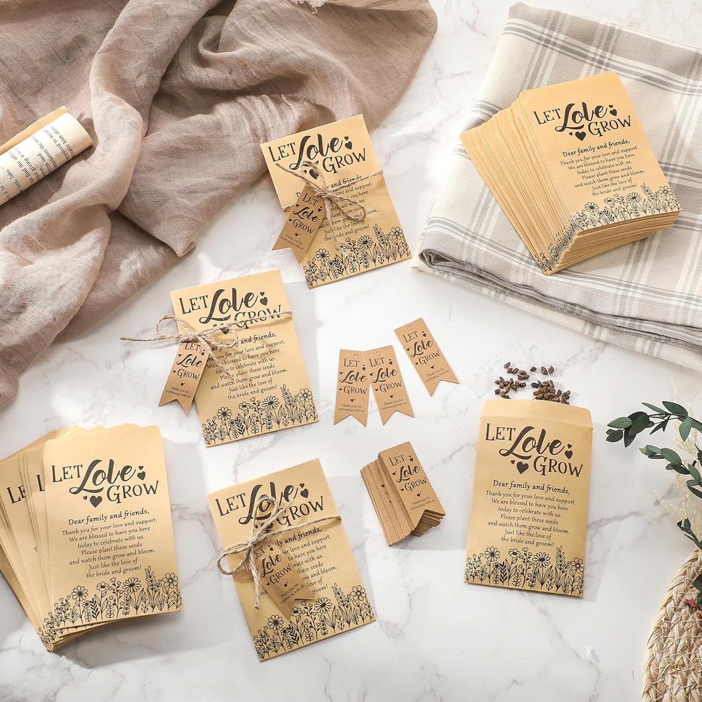 100 Sets Let Love Grow Wedding Favors for Guests Wedding Thank You Gifts Bulk Include Flower Seed Packets Tags and Hemp Ropes Craft Envelops for Bridal Shower Engagement Party Favors