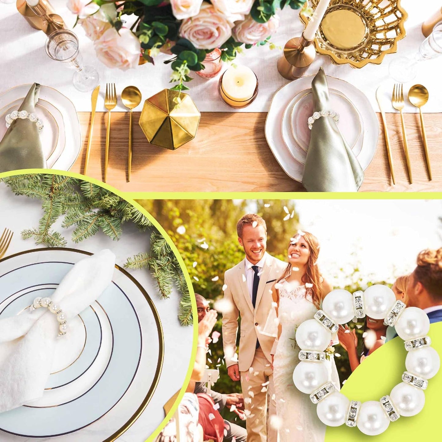 GENMOUS Set of 100 Silver Pearl Napkin Rings, Elegant Imitation Beaded Stylish Napkin Buckles for Formal Decor, White Napkin Ring Holders with Rhinestones for Weddings, Formal Dinners, Parties