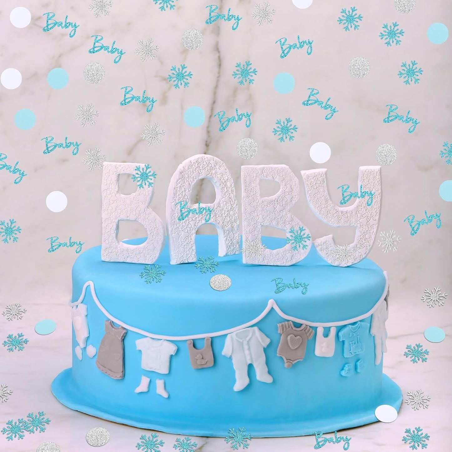 MARFOREVER Winter Shower Table Confetti, 200 Pcs Glitter Blue Silver Snowflake Table Decorations Winter Gender Reveal Party Confetti Sprinkle for Winter Birthday Party Baby Shower Decorations(Blue)