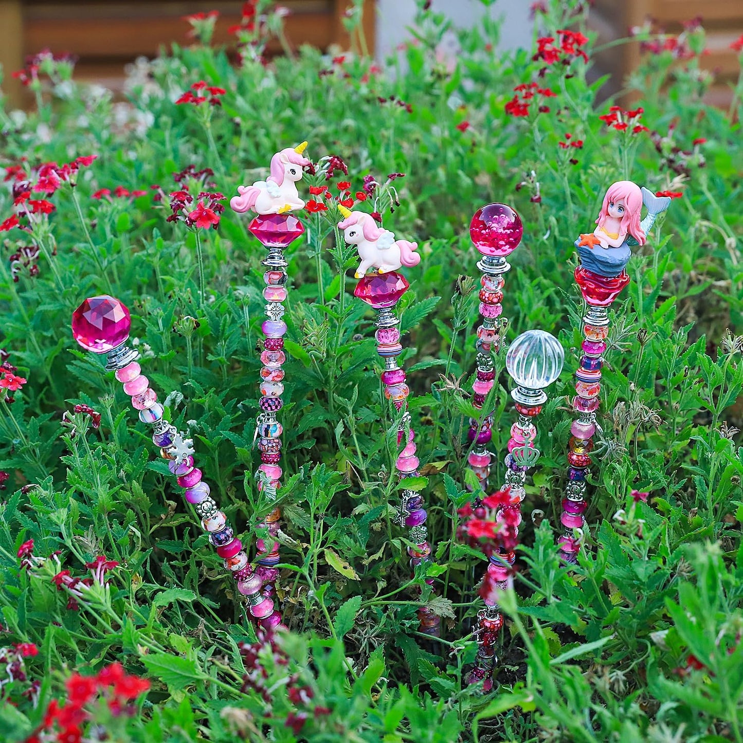 158 Pcs DIY Fairy Wand Garden Stakes Kit,Multiple Color Scheme European Beads Crystal Diamond Tops and 12 or 10 Inch Threaded Rods,Stainless Steel Stakes with Diamond Toppe(Rose Red)