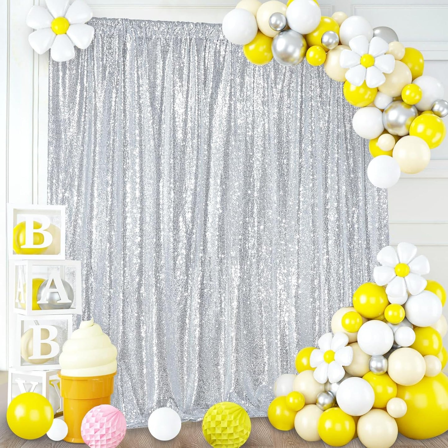 8ft x 8ft Silver Sequin Backdrop Curtain Glitter Photo Booth Backdrop for Wedding Birthday Baby Shower Event Decorations