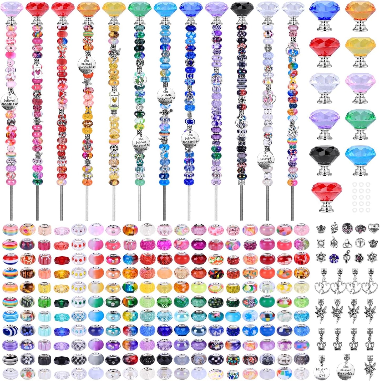 AIPRIDY 275 Pcs DIY Fairy Wand Garden Stakes Kit,Multiple Color Scheme European Beads Crystal Diamond Tops and 12 or 10 Inch Threaded Rods,Stainless Steel Stakes with Diamond Toppe(Rainbow)