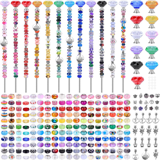 AIPRIDY 275 Pcs DIY Fairy Wand Garden Stakes Kit,Multiple Color Scheme European Beads Crystal Diamond Tops and 12 or 10 Inch Threaded Rods,Stainless Steel Stakes with Diamond Toppe(Rainbow)