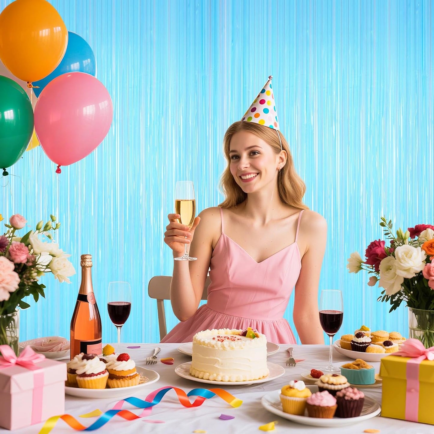 Macaron Light Blue Tinsel Backdrop Foil Fringe Curtains, 2Pack Fringe Backdrop for Birthday Door Decorations, Wedding Baby Shower, Party Supplies for Bachelorette, Graduation, Christmas, Disco Decor