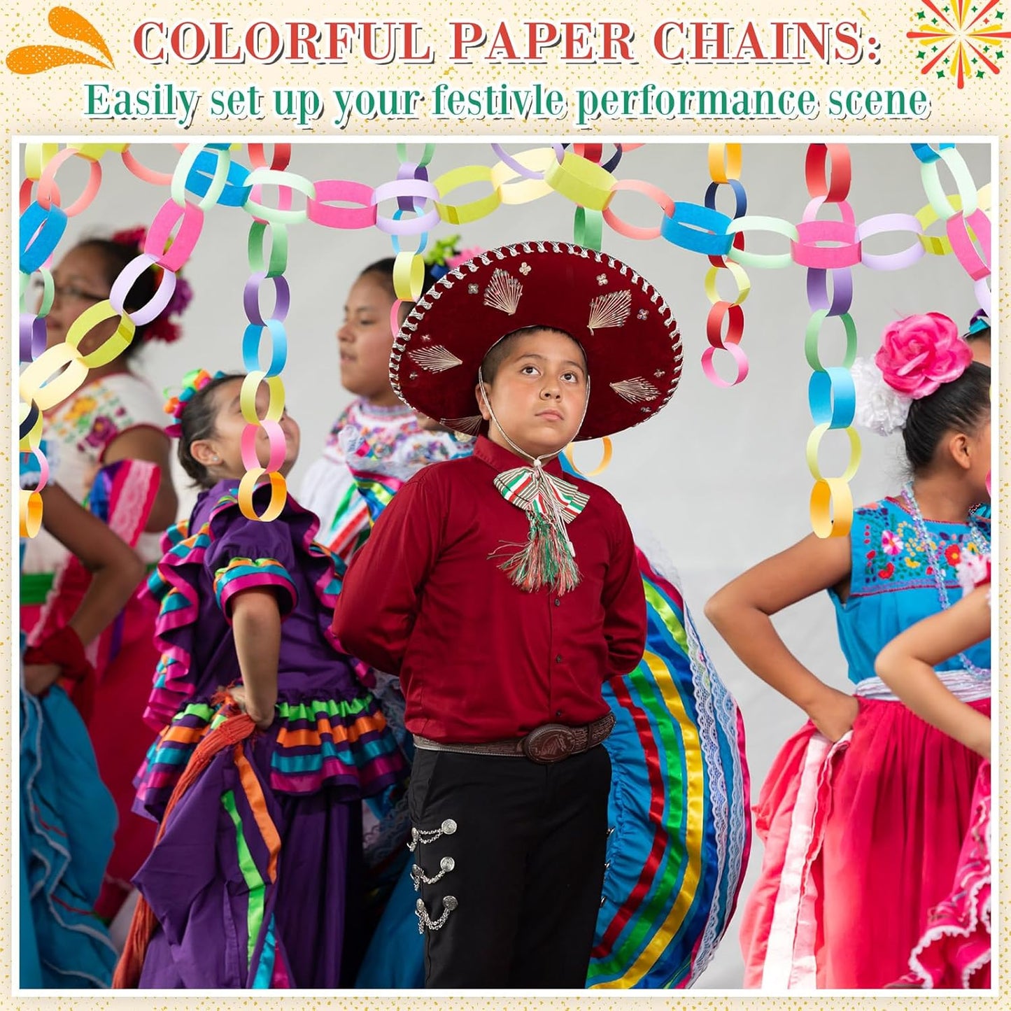 Lincia 600 Sheet Halloween Paper Chain Garland, Construction DIY Crafts Chain Strip for Fall Thanksgiving Party Decor, 1x8 Inch with Double Sided Tape (Mexican Festival)