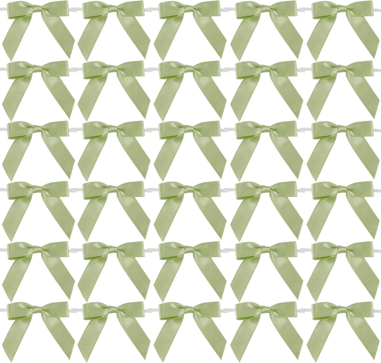 AIMUDI Sage Green Satin Ribbon Twist Tie Bows 2.5" Pretied Bows Premade Craft Bows for Treat Bags Cake Pop Gift Wrapping Basket Wedding Favors Cookie Candy Bagging Baby Shower - 50 Counts