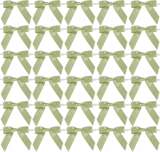 AIMUDI Sage Green Satin Ribbon Twist Tie Bows 2.5" Pretied Bows Premade Craft Bows for Treat Bags Cake Pop Gift Wrapping Basket Wedding Favors Cookie Candy Bagging Baby Shower - 50 Counts