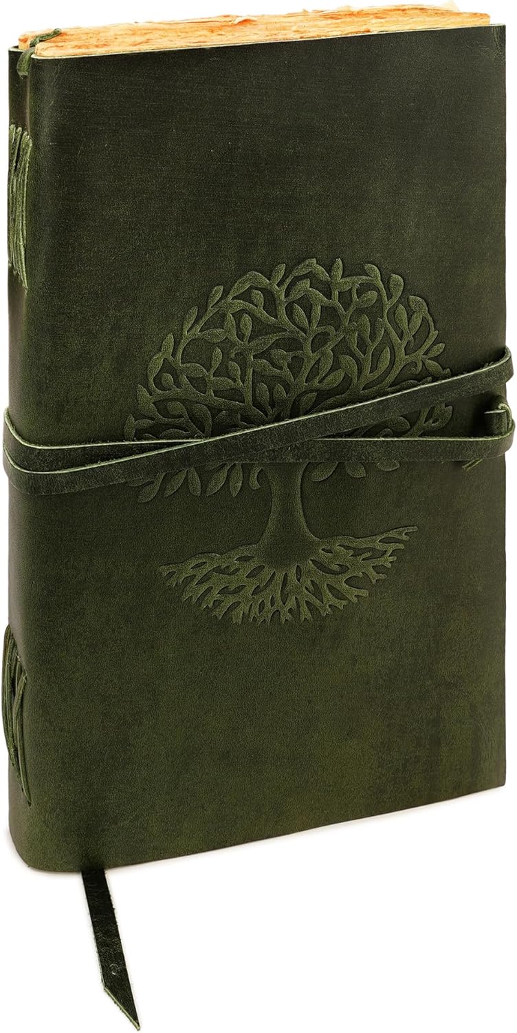 LUXEORIA Tree Of Life Leather Journal for Women and Men, Handcrafted Leather Journal for Writing Womens, Sketchbook, Travel Diary with Unlined Deckle Paper, Dark Green 8x13