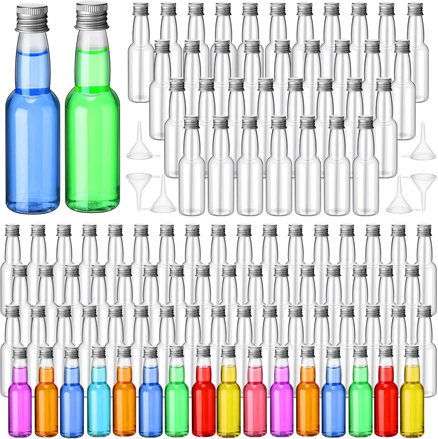120 Pcs Mini Liquor Bottles Airtight Shot Miniature Empty Plastic Alcohol Spirit Shot Bottles with Funnels for Party Favors, Weddings(3.3 oz,Silver)