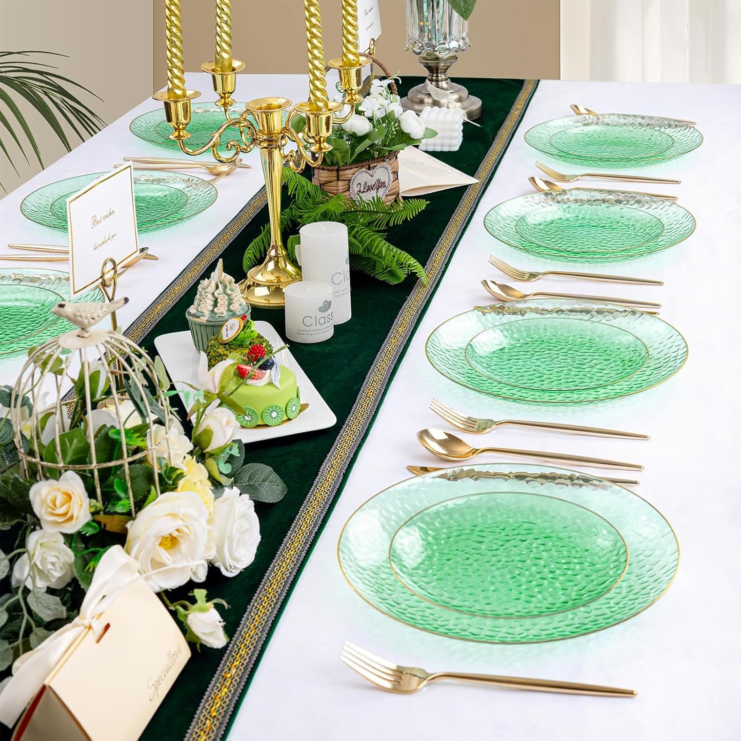 Rubtlamp 100 Pcs Green And Gold Plastic Plates - 10 inch Clear Green Gold Dinner Plates - Hammer Pattern Design - Fancy Disposable Platos - Heavy-Duty Party Platos Ideal for Wedding