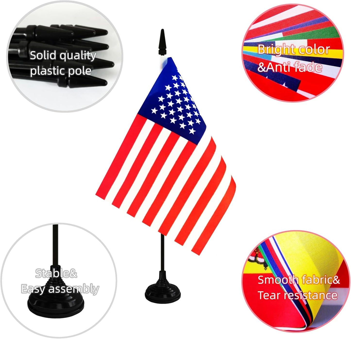 America USA Desk Flag, 12 Pack American Table Office Flag with Black Solid Pole and Stand Base, International Country Flag, 4th of July, Classroom Meeting Desktop Decor (USA)