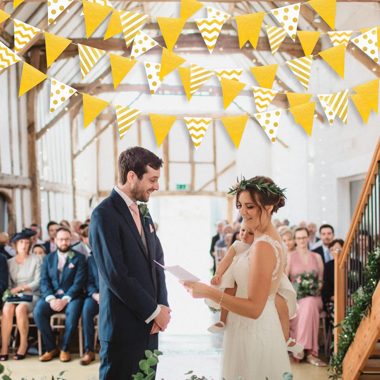 39Ft White and Gold Party Decorations Polka Dot Stripe Triangle Pennant Banner Glitter Foil Paper Flag Bunting Garland for Birthday Graduation Anniversary Wedding Bridal Baby Shower Hen Party Supplies