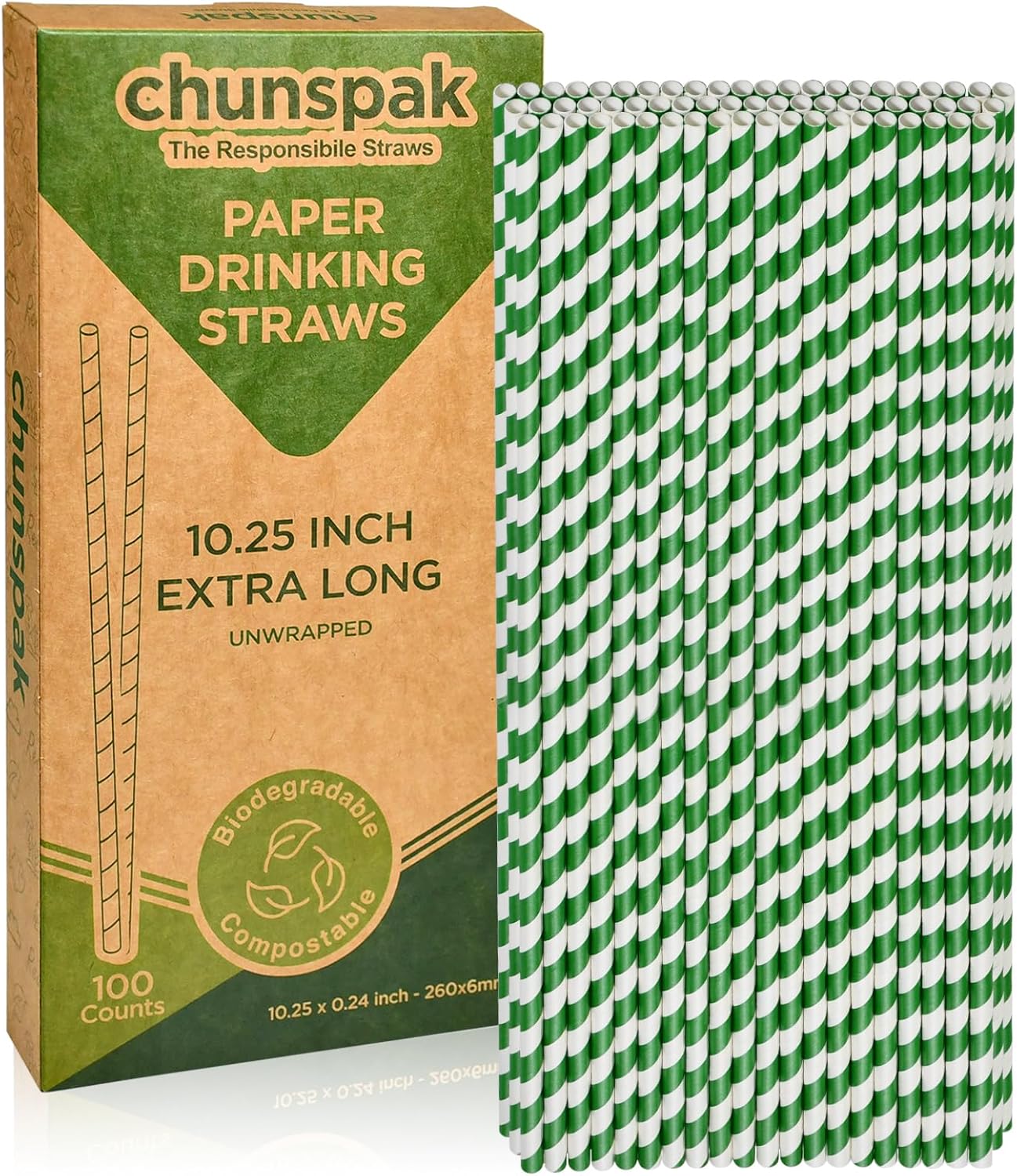 Eco-friendly 10.25 Inch Long Disposable Paper Drinking Straws 6mm Wide [100 Pack] - Green/White Striped