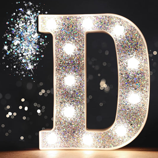 Pooqla Light Up Letters, LED Marquee Letters for Silver Birthday Decorations, Battery Powered Night Light Teenager Girl Room Decor, Gift for Girls Boys Wedding Bedroom Christmas Party Decor, Letter D