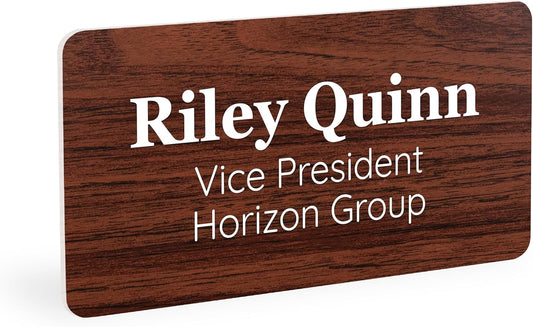 ExcelMark Custom Name Tag - Engraved Name Badge with Pin or Magnetic Backing, 16 Colors, 6 Fonts, and 2 Sizes to Choose from (Walnut w/White Letters, 1.5"x 3")