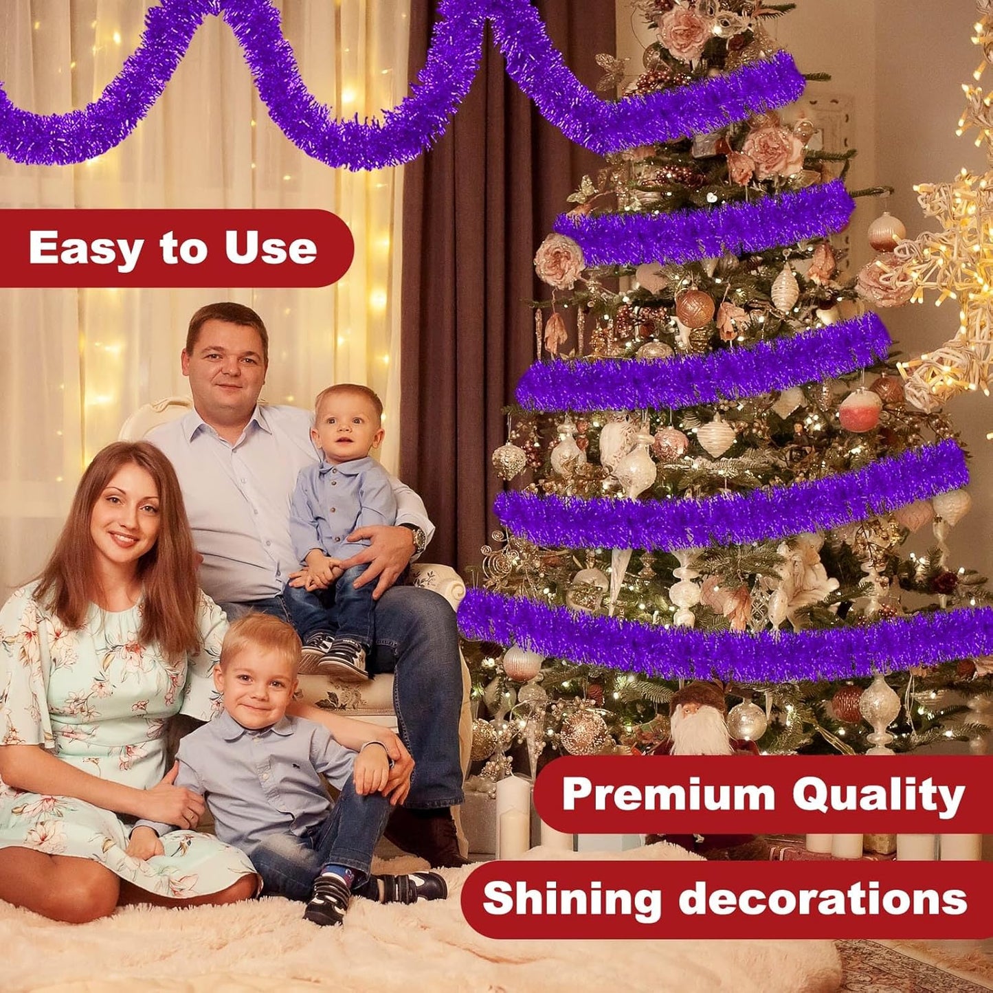 50 Feet Purple Christmas Tinsel Garland, Metallic Foil Twist Banner Wall Hanging Tinsel Streamers Backdrop for Parade Floats, Christmas, Mother's Day, Birthday Party Decorations(2in x 50ft)