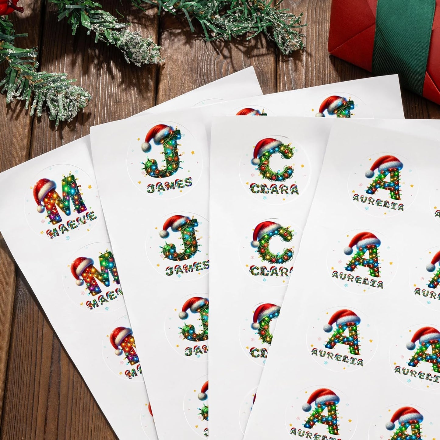 Personalized Christmas Stickers - Custom Name Waterproof Christmas Gift Tags for Gift Box Xmas Holiday Decorations Party Favors - 30 Stickers (Santa Hat Initial)