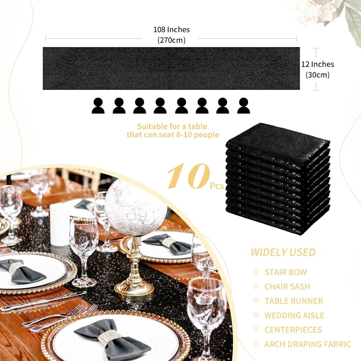 Black Table Runners Sparkly Halloween Table Runner 10 Packs 12x108 Inches Glitter Sequin Fabric for Birthday Party Holiday Supplies Decorations