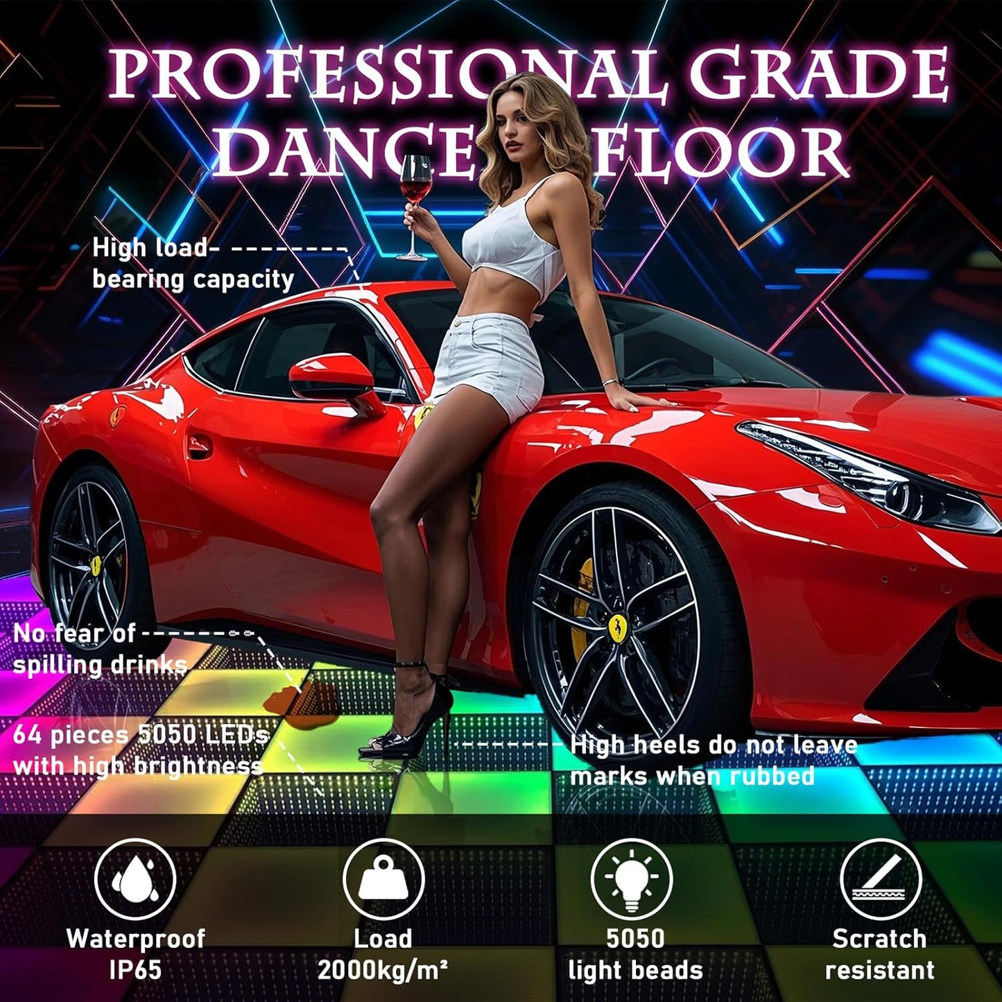 8ft x 8ft 3D Infinity LED Dance Floor - RGB Color Changing & Tempered Glass Panel with Flight Case - Ideal for Indoor/Outdoor Weddings, Parties, and Clubs