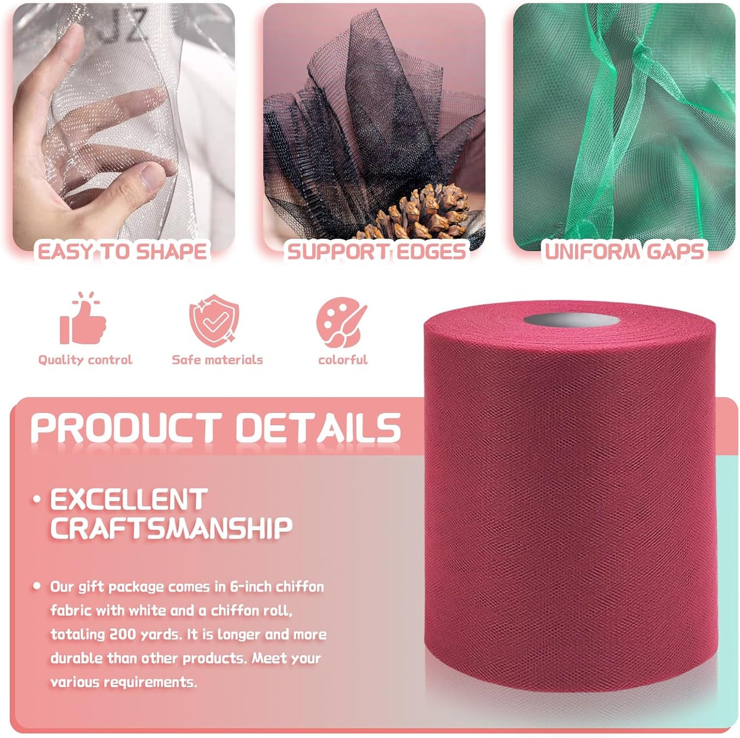 6" x 200 Yards Burgundy Tulle Fabric Rolls, Burgundy Spool Tulle Ribbon for DIY Tutu Skirt Wedding Decoration Baby Shower Birthday Party Backdrop Gift Wrapping Bow Craft Supplies