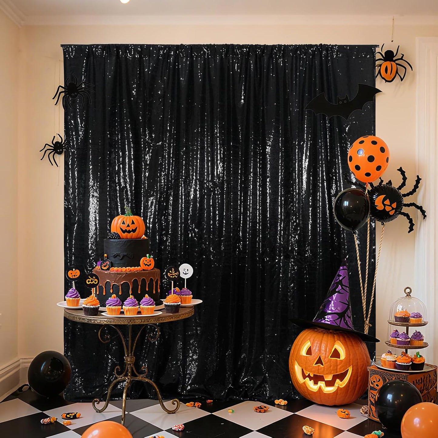 Poise3EHome Black Sequin Backdrop (6Ft x 6Ft),Thick Satin Black Sequin Photo Backdrop Curtain,Sparkly Opaque Photography Curtain Sequence Xmas Thanksgiving Backdrop for Wedding Party Decor