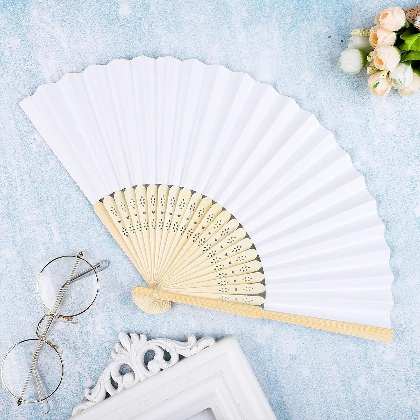 Aneco 36 Pieces Handheld Paper Fans Paper Folding Fans with Bamboos for Wedding Gift, Party, Home, DIY, White