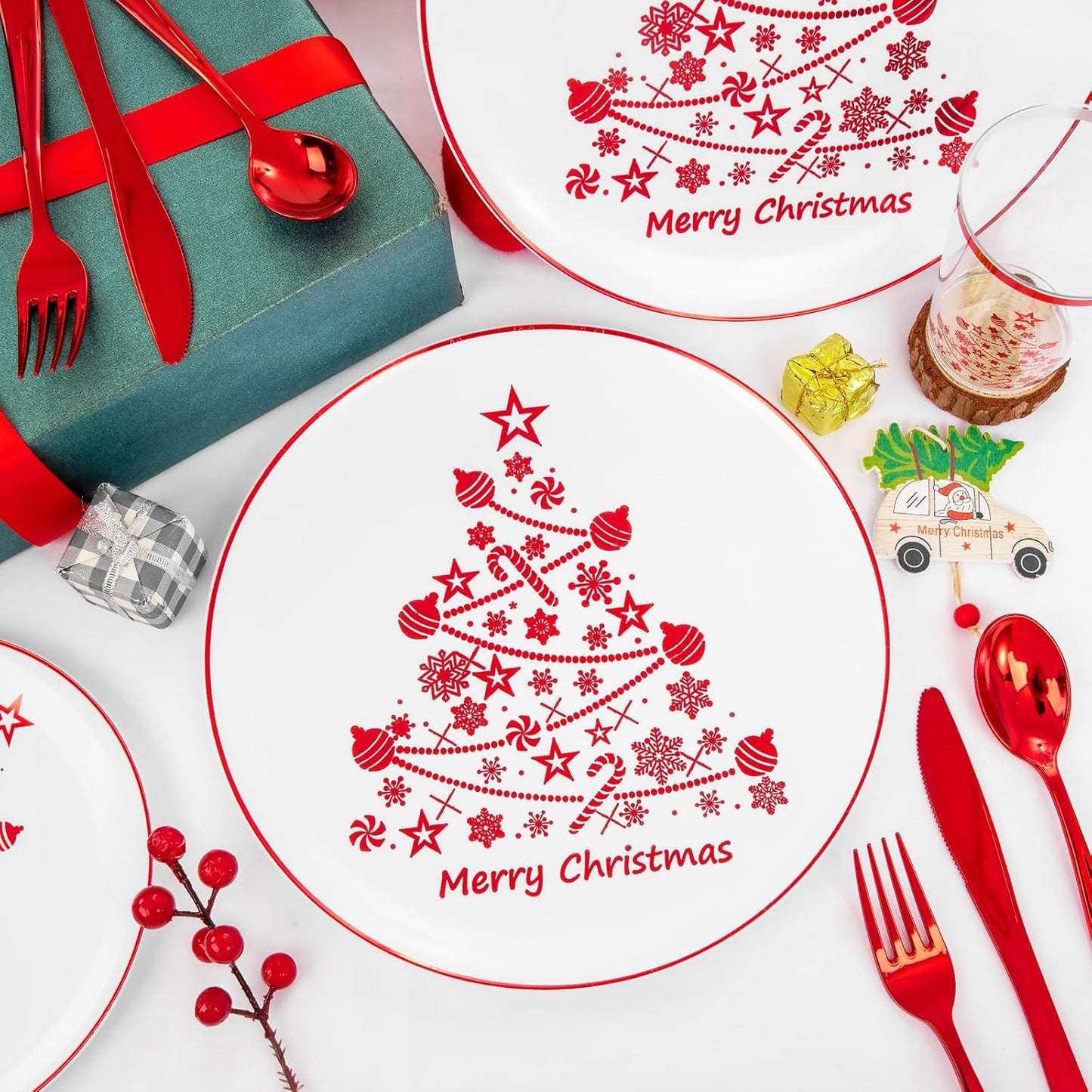 Supernal 150pcs Christmas Dinnerware - Plastic Plates, Cups, Silverware with Red Christmas Tree Pattern for Party and New Year